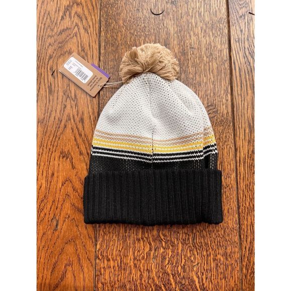 Patagonia Kids' Powder Town Black Brown Beanie Winter Hat Pom Knit One Size New - Picture 2 of 3